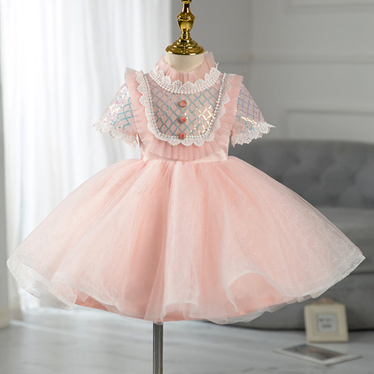 Baby Girl Dress Toddler fluffy Puff Sleeve Mesh Summer Cute Pink Sequin Lace Princess Dress