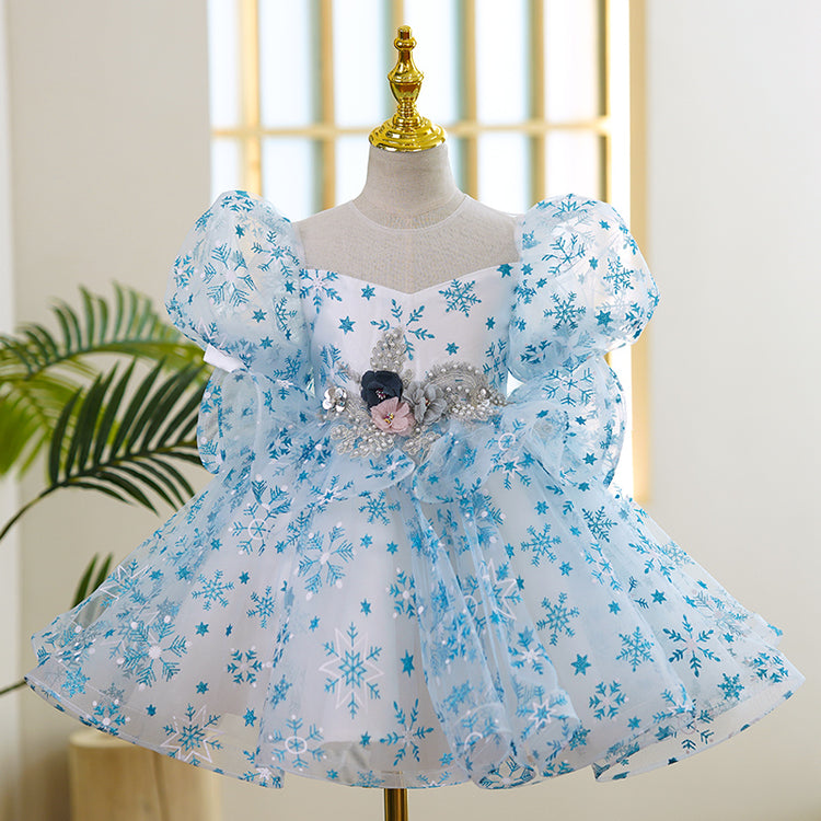 Baby Girl Easter Dress Toddler Flower Embroidered Puff Sleeves Summer Snowflake Wedding Princess Dress