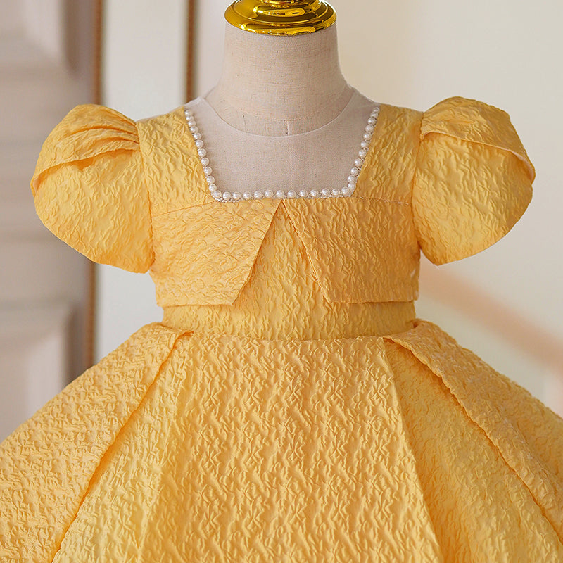 Baby Girl Dress Toddler Princess Dress Yellow Puff Sleeve Beaded Formal Communion Dress