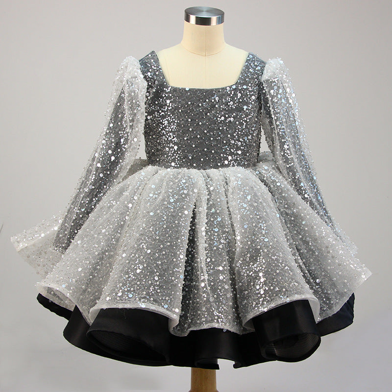 Girl Formal Princess Dresses Baby Girl Bow Mesh Long Sleeve Sequined Christening Dress