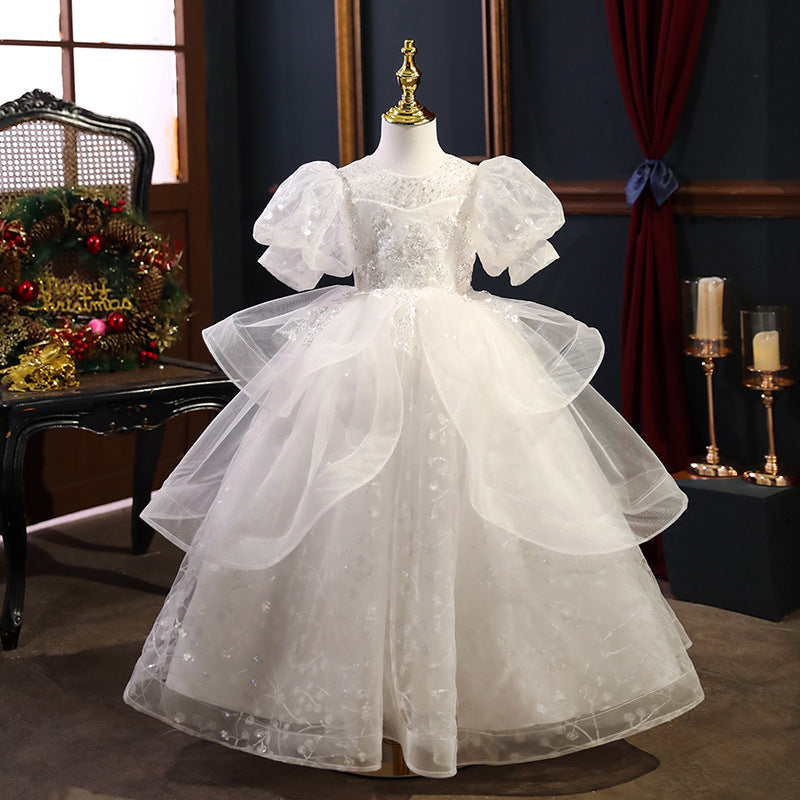 First Communion Dress Girls Birthday Party Dress White Elegant Sequin Formal Princess Dress