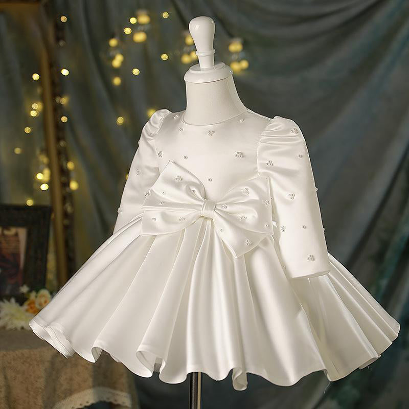 Baby Girl White Beaded Long Sleeve Bow Baptism Dress