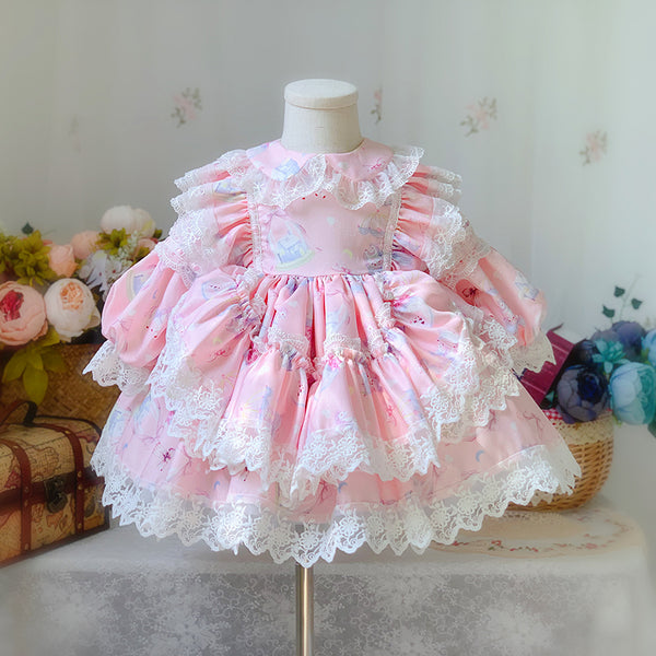 Baby Girl Pink Long Sleeve Lolita Lace Dresses Girl Princess Party Dresses