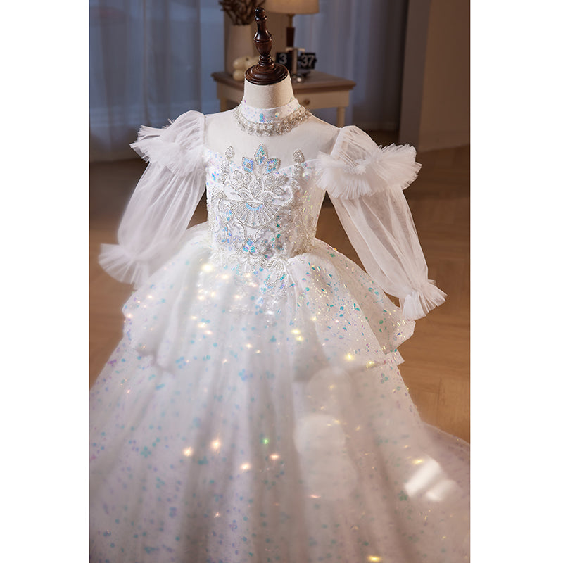 Children First Communion Dress Flower Girl Pageant Princess Long Sleeve Sequin Luxury Dress