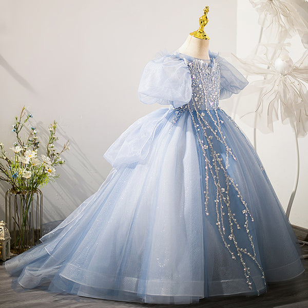 Girl Princess Dress Children Elegant Blue Sequins Trailing Birthday Party Communion Dress
