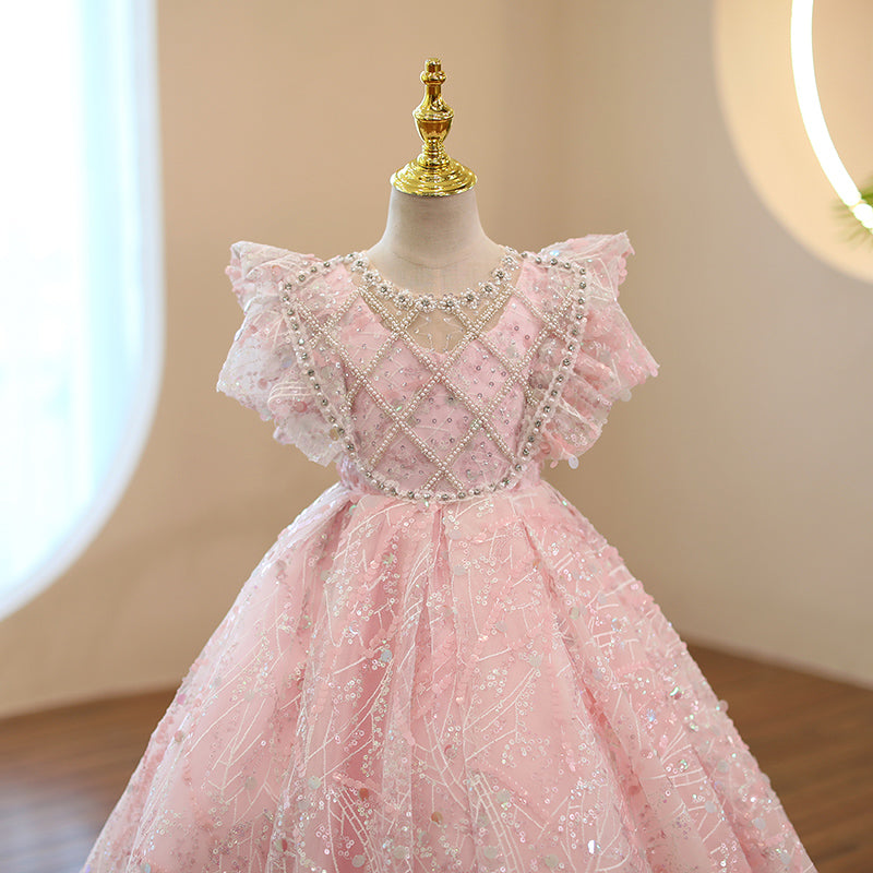 Flower Girl Dress Little Girl Communion Dress Summer Pink Trailing Sequin Princess Party Dress