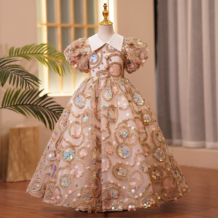 First Communion Dress Baby Girl Easter Dress Girl Summer Luxury Sequins Puff Sleeves Pageant Princess Dress