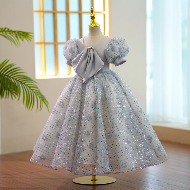 Toddler Prom Dress Girl Luxury Puff Sleeves Grey Bow Puffy Birthday Princess Dress