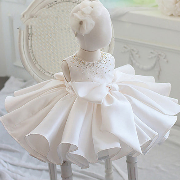 First Communion Dress Baby Girl Formal Princess Dress Toddler Bow Beaded Puffy Flower Girl Dress Birthday Dress