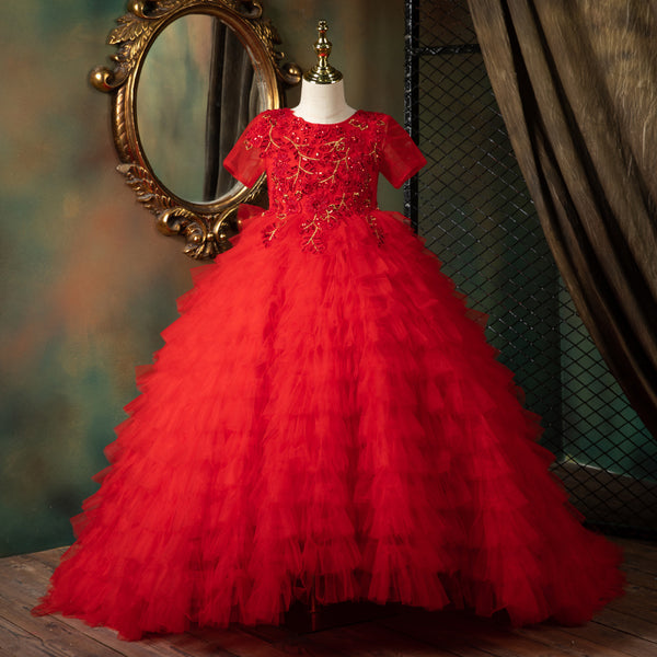 Toddler  Communion Dress Children Red Fluffy Princess Birthday Tail Gorgeous Pageant Dress