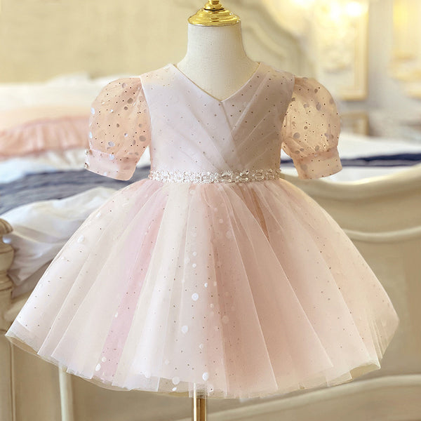 Baby Girl Formal Princess Dresses Girl Summer Sequin Mesh Pink Birthday Prom Dress