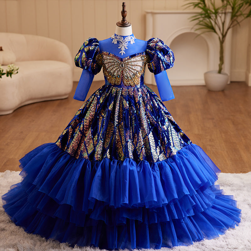 Toddler Girl Birthday Party Dress Blue Retro Sequin Tail Fluffy Princess Dress