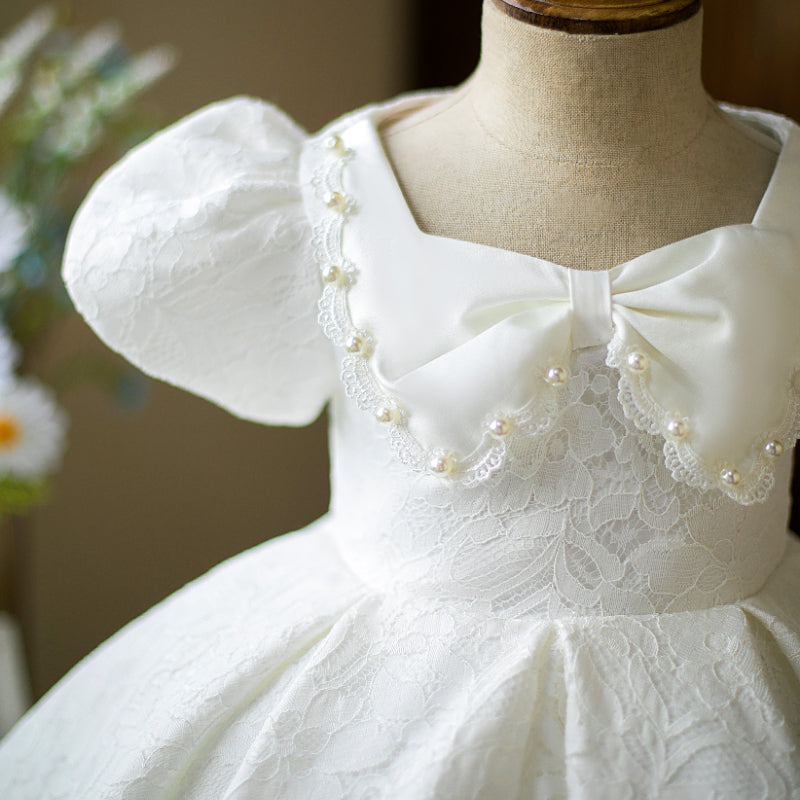 Toddler Ball Gowns Girl Summer White Lace Bow Puff Sleeves Sleeve Baptism Princess Dress