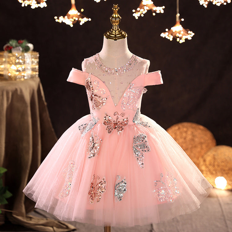 Baby Girl First Communion Dress Girl Pink Sequin Butterfly Mesh Fluffy Princess Party Dress