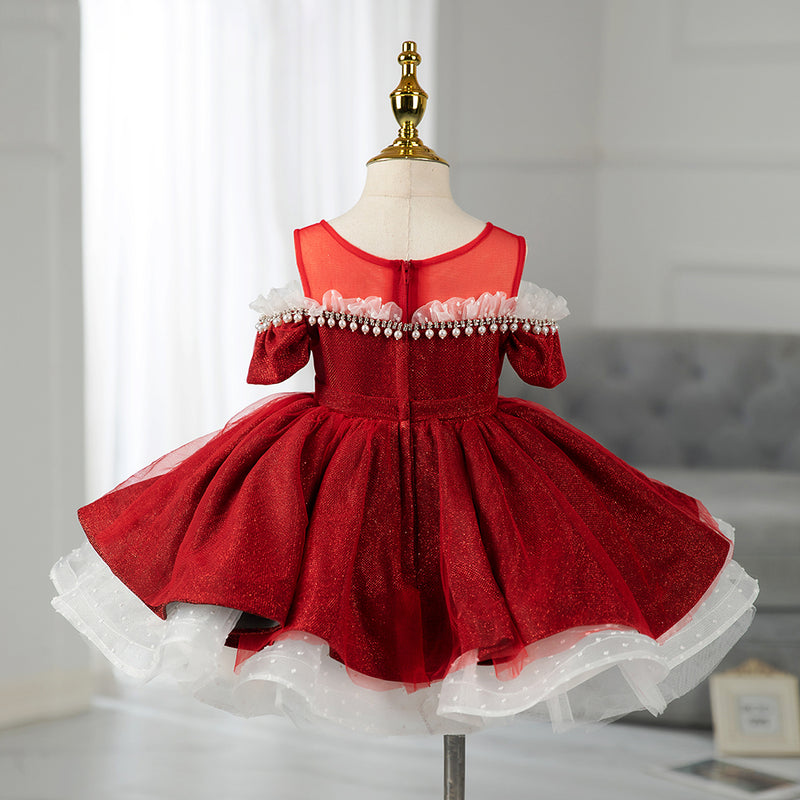 Girl First Communion Dress Toddler Pageant Party Dress Red Beaded Princess Dress