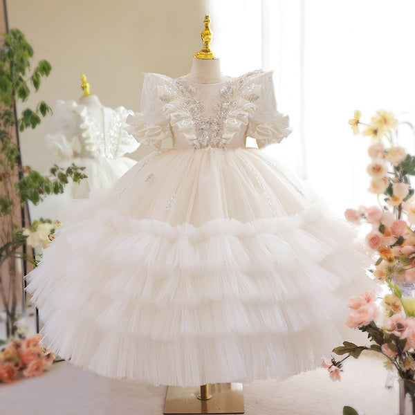 Flower Girl Dress Toddler White Court Sequin Puffy Princess Christening Dress