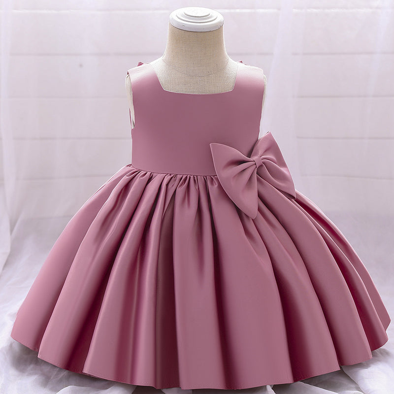 Baby Girl Birthday Party Dress Toddler Summer Round Neck Bow Textured Puffy Formal Princess Dress