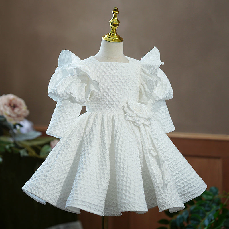 Flower Girl Dress Toddler Princess White Long Sleeve Puffy Baptism Pageant CommunionChristening Dress