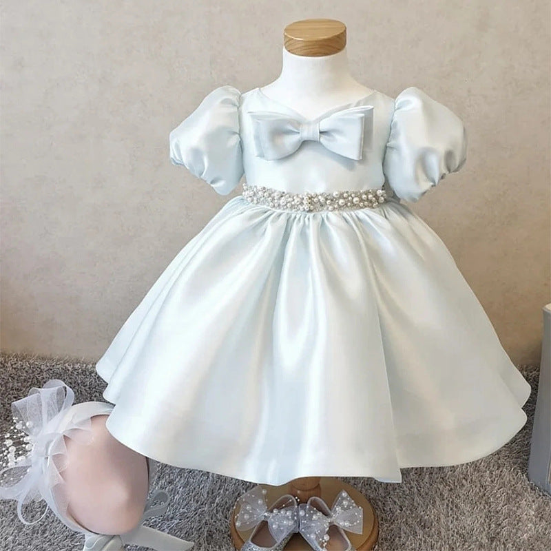 Baby Girl Princess Dress Girl Bead bow puff sleeves Puffy Birthday Party Dress