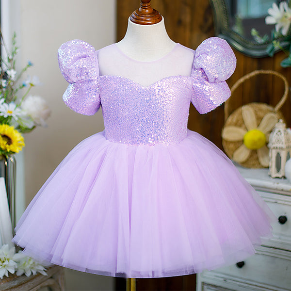Baby Girl and Toddler Birthday Party Dress Sequin Puff Sleeve Puffy Princess Dress