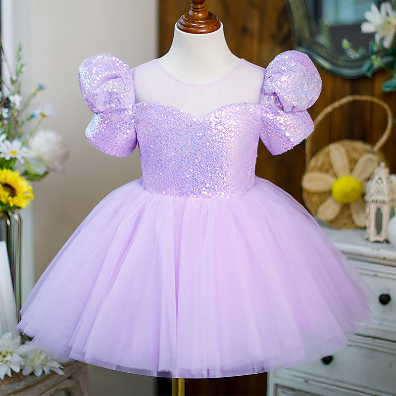 Baby Girl and Toddler Birthday Party Dress Sequin Puff Sleeve Puffy Princess Dress