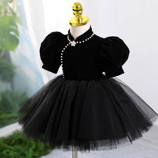 Baby Girl Baptism Dresses Toddler Black Puff Sleeves Puffy Princess Dress Girls Pageant Dresses