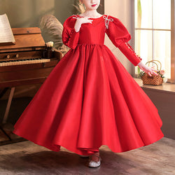 Toddler Ball Gowns Girl Red Bubble Long Sleeve Puffy Pageant Party Princess Dress