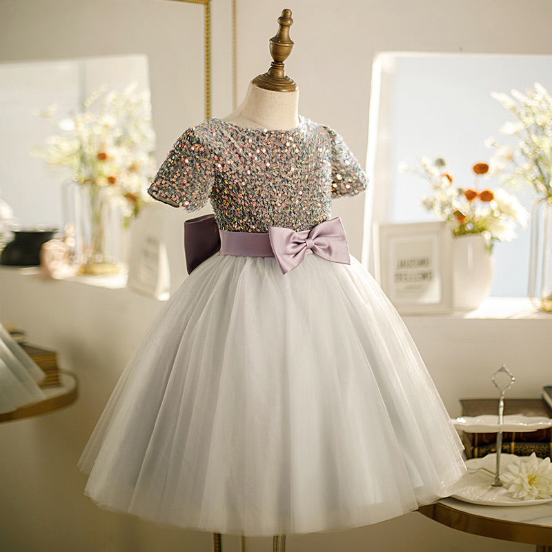Baby Girl Dress Toddler Princess Dress Summer Grey Sequin Bow Puffy Communion Dress