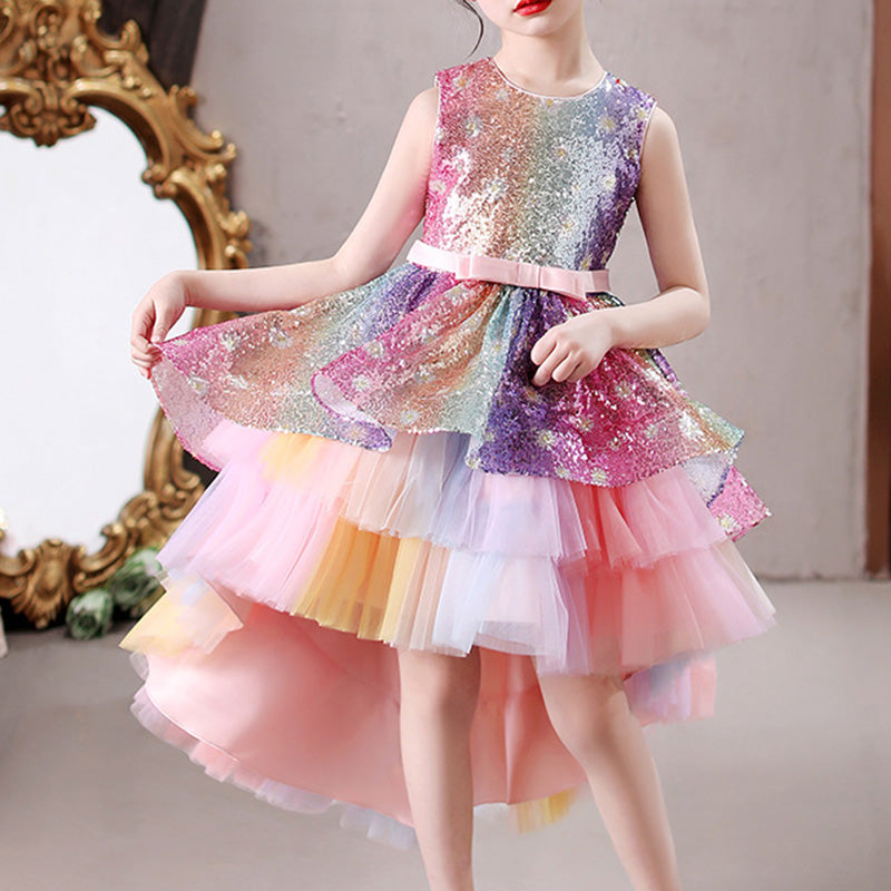 Girls Pageant Dresses Gorgeous Lace Sleeveless Ball Gown Rainbow Formal Dress