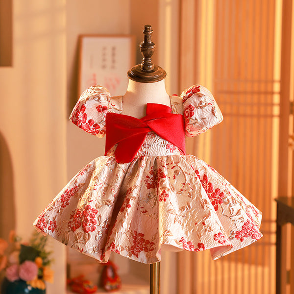 Baby Girl Christening Dress Toddler Printed Birthday Party Dress Girl Bow Knot Puffy Princess Dress