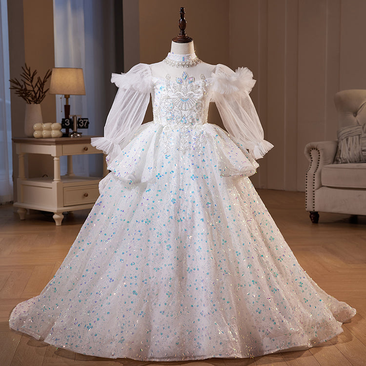 Children First Communion Dress Flower Girl Pageant Princess Long Sleeve Sequin Luxury Dress