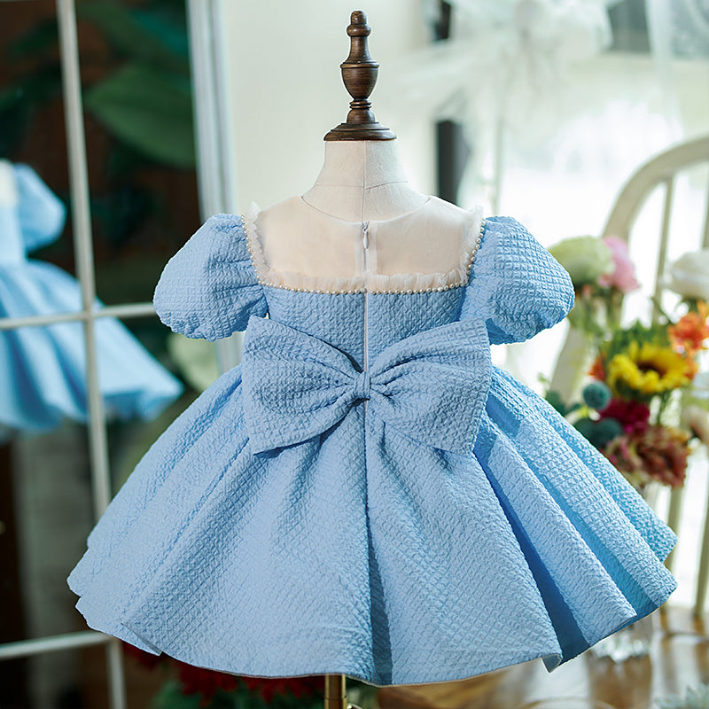 Baby Girl Dress Toddler Puff Sleeves Summer Beaded Big Bow Princess Dress