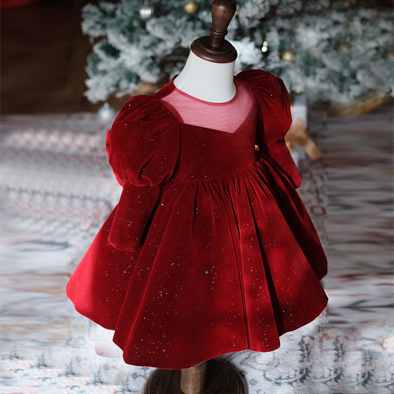 Girl Christmas Dress Flower Girl Dress Toddler Puff Sleeves Red Velvet Sequins Birthday Party Dress