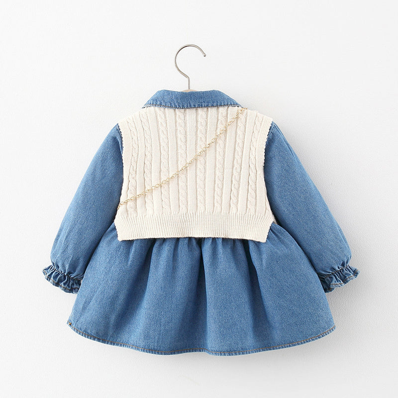 Baby Girl Autumn Long-sleeved Denim Dress Woolen Vest Suit