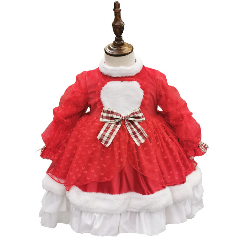 Baby Girl Dress Toddler Prom Princess Winter Red  Lace Plush Fluffy Birthday Party Dress