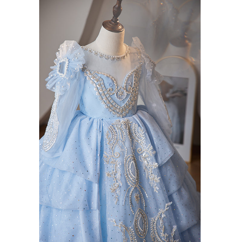 Toddler Communion Dress Girl Flower Formal Trailing Blue Sequins Princess Pageant Dress
