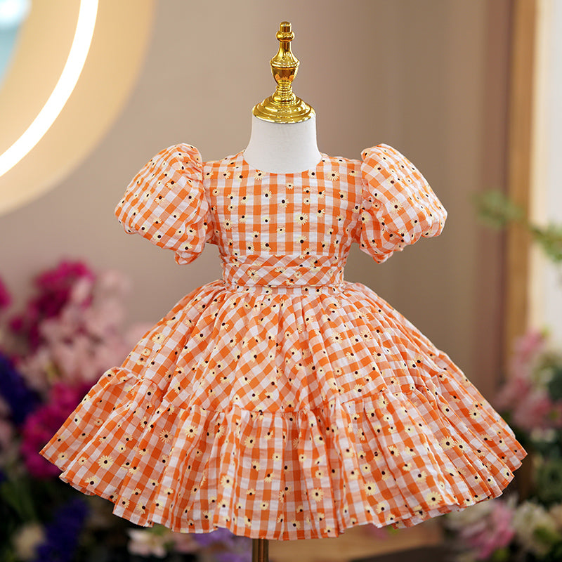 Baby Girl Dress Toddler Prom Summer Plaid Party Princess Dress, Yellow / 4-5 Years (120cm)