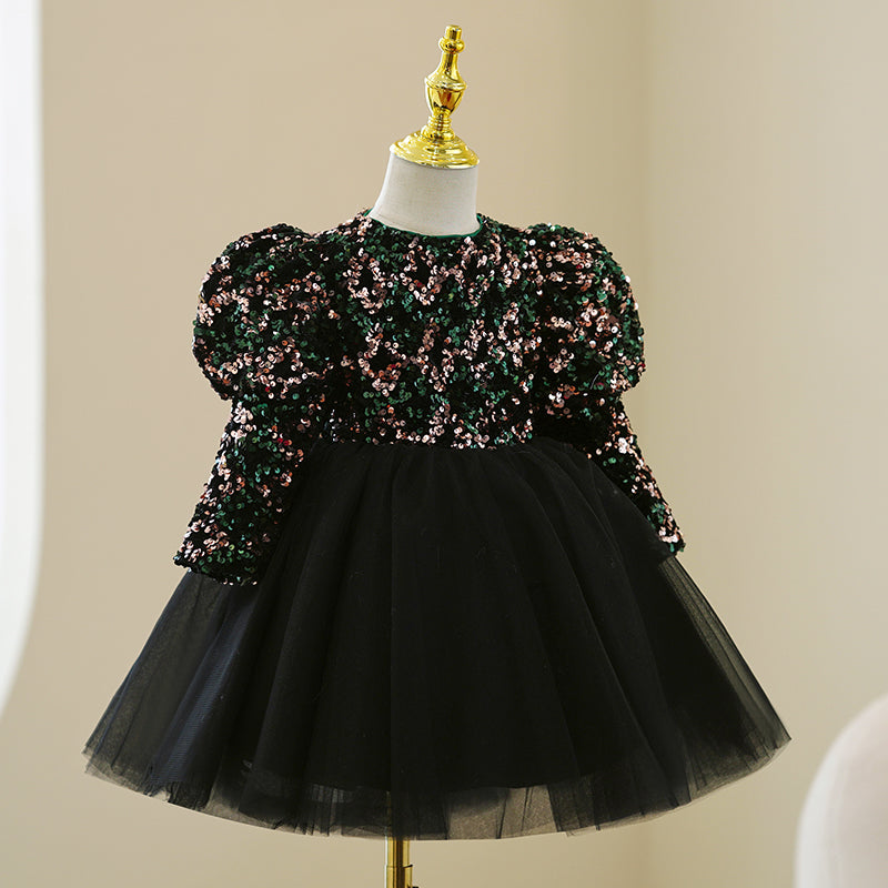 Elegant Girl Black Sequins Puffy Princess Dress