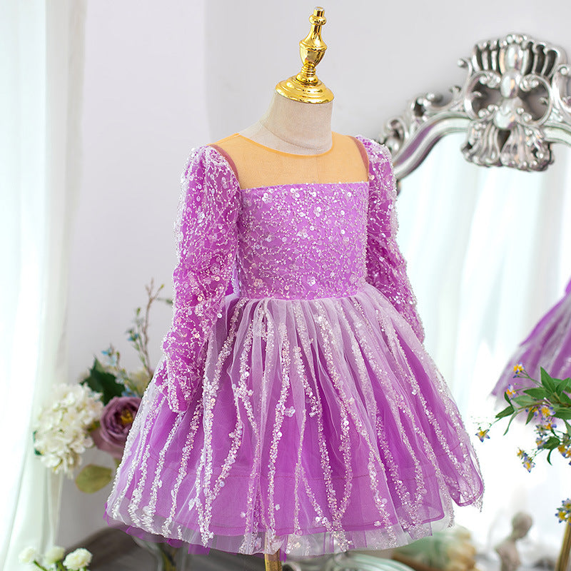 Elegant Baby Long Sleeve Sequin 1st Birthday Dress Toddler Flower Girl Dresses