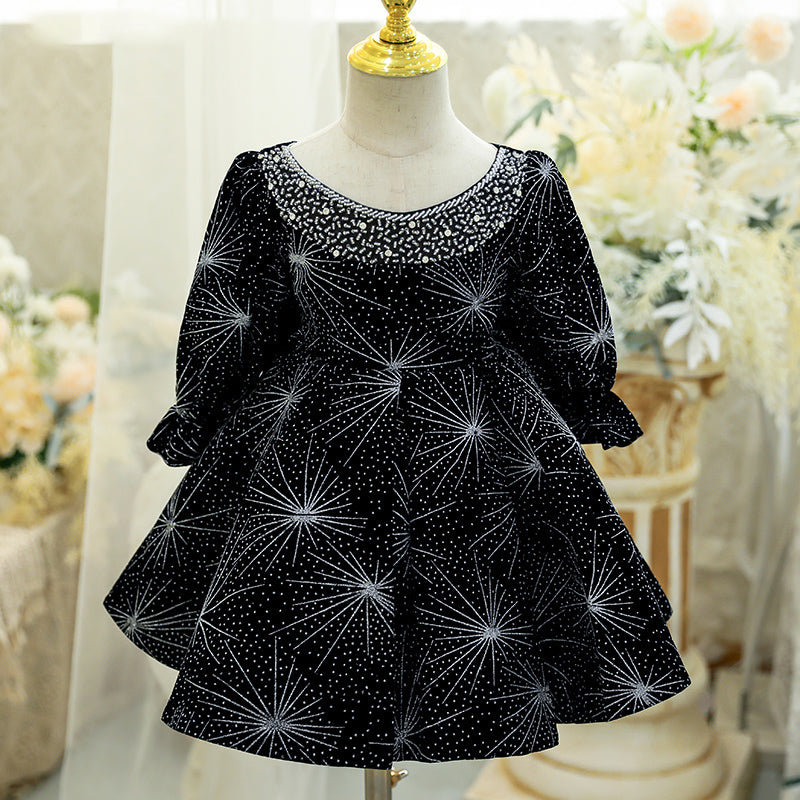 Baby Girl Dress Toddler Ball Gowns Birthday Party Dress Black Long Sleeve Sequin Beads Dress