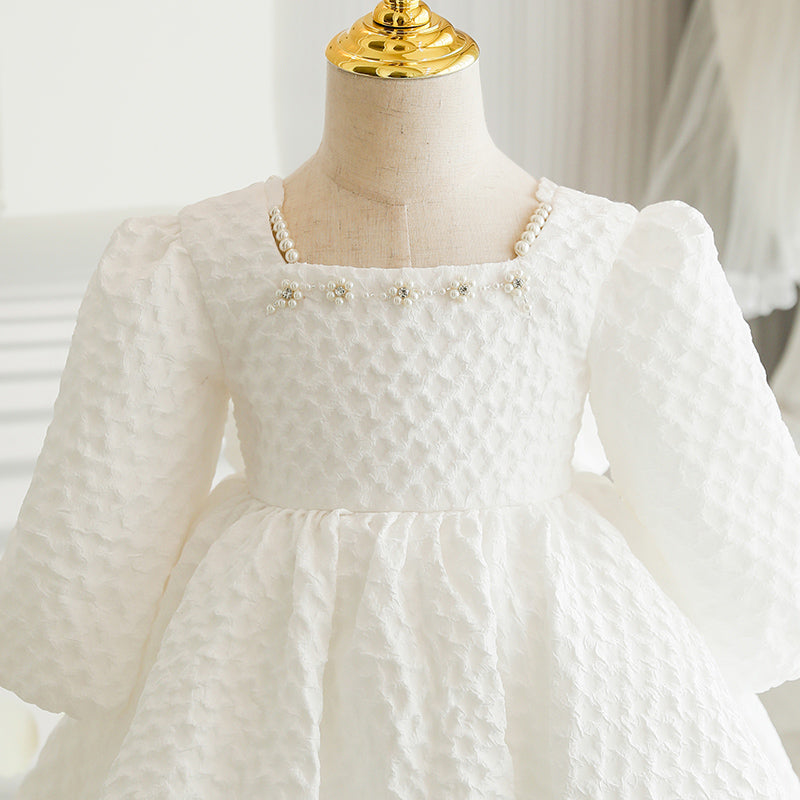 Baby Girl Baptism Dress Girl Princess White Bead Bow Party Cake Christening Dress