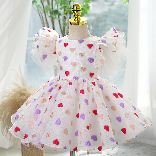 Baby Girl and Toddler Summer Heart Print Fluffy Birthday Party Princess Dress