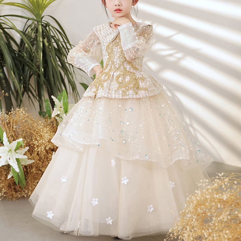 Girl Communion Easter Dress Champagne Sequin Long Sleeve Floral Birthday Princess Dress