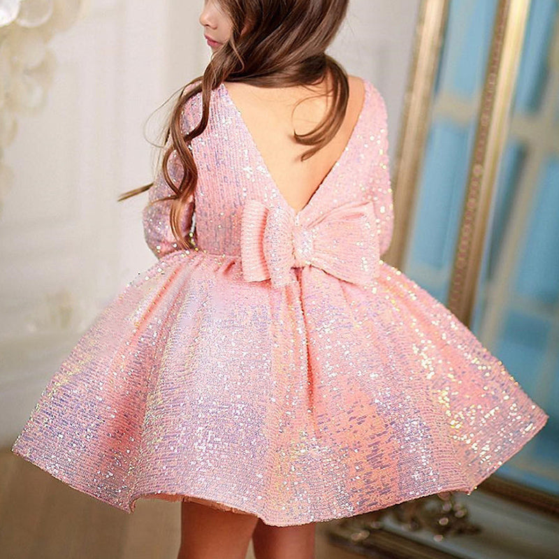 Girl Formal Princess Dresses Baby Girl Long Sleeve Sequins  Lace Beaded Pageant Dress