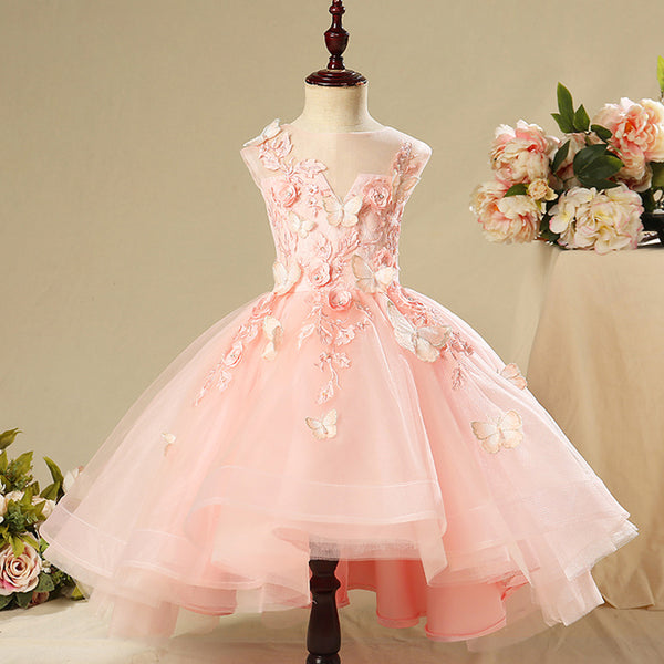 Girl Pageant Princess Dress Baby Girl Pink Butterfly Puffy Sleeveless Formal Birthday Dress