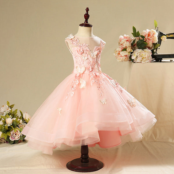 Girl Pageant Princess Dress Baby Girl Pink Butterfly Puffy Sleeveless Formal Birthday Dress