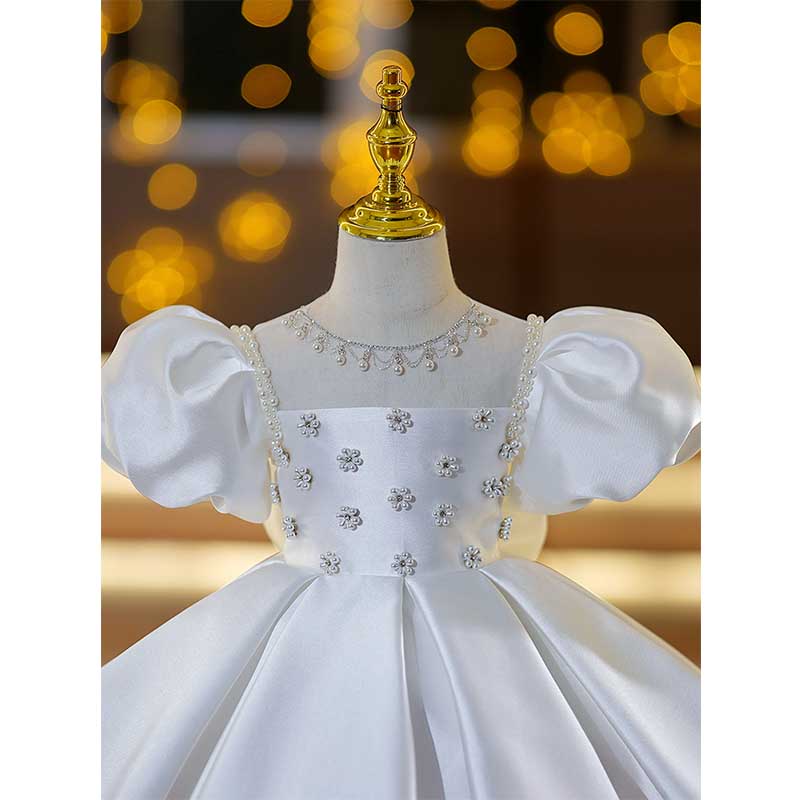 Baby Girl Christening Dress Toddler Flower Beaded Princess Dress Girls Puff Sleeve Puffy Party Dress