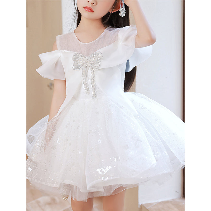 Little Girl Dress Toddler Ball Gowns White Sequins Bow Strapless Princess Baptism Dress