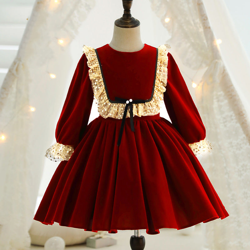 Girl Christmas Dress Flower Girl Dress Toddler Ball Gowns Winter Retro Palace Red Embroidered Princess Dress