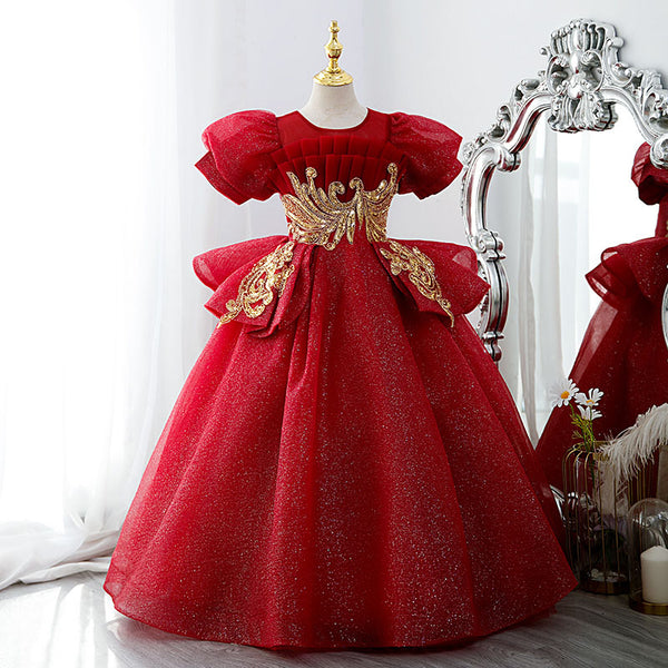 Baby Girl First Communion Dress Girl Luxury Red Embroidery Wedding Party Princess Dress
